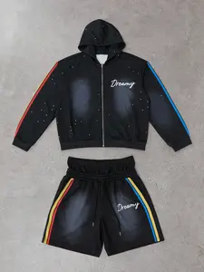 Men's Casual Two-Piece Set, Colorblock Striped Hooded Sweatshirt & Letter Print Cardigan Shorts, Spring Summer Fashion