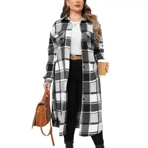 Women's Plus Size Long-Sleeve Flannel Check Plaid Lapel Boyfriend Button-Down Tartan Jacket-Shirt, Recycled Polyester Blend Fabric, Thin Lightweight Oversized Loose Retro Comfortable Lady Casual Workwear Outerwear with Great Fit