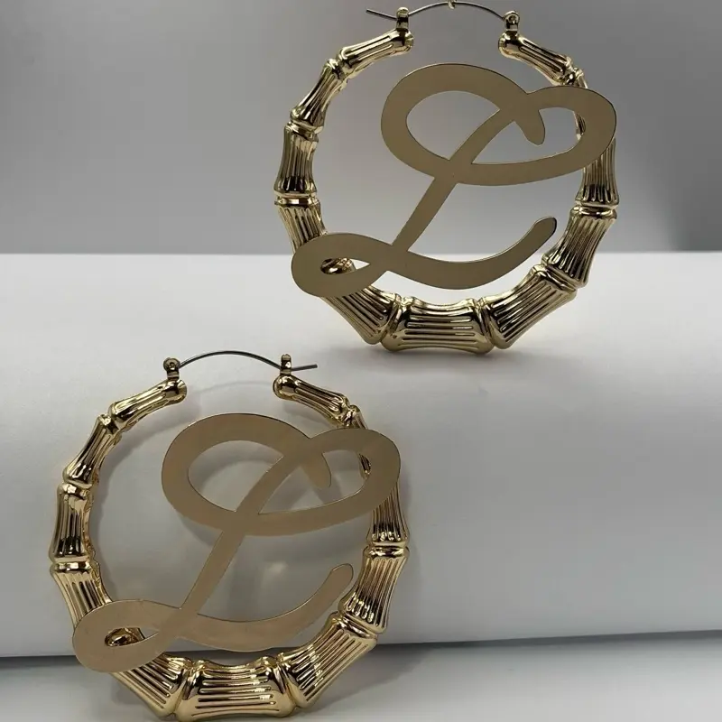 Gold Plated Bamboo Earrings with Initial Design Gold Plated Bamboo Earrings with Initial Design