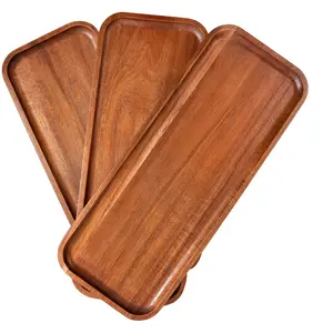 Solid Acacia Wood Serving Trays (14 x 5.5 inches) Rectangular Wooden Serving Platters for Home Decor, Food, Vegetables, Fruit, Charcuterie, Appetizer Serving Tray, Cheese Board (Set of 3 Plates) Family Small