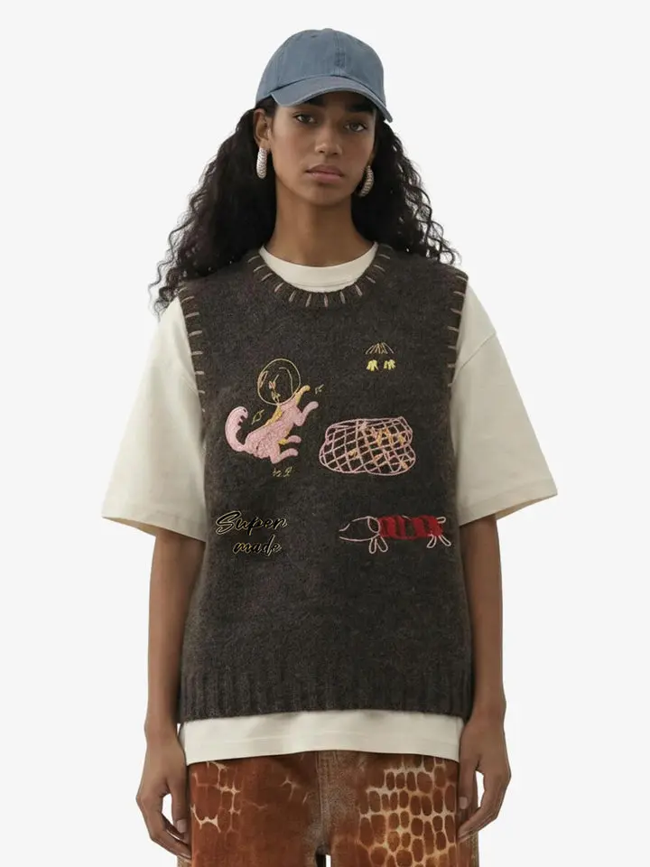 Thesupermade Vintage Embroidered Graphic Knit Sweater Vest | Fuzzy Multi-Motif Hand-Stitch Streetwear Vest Men Women