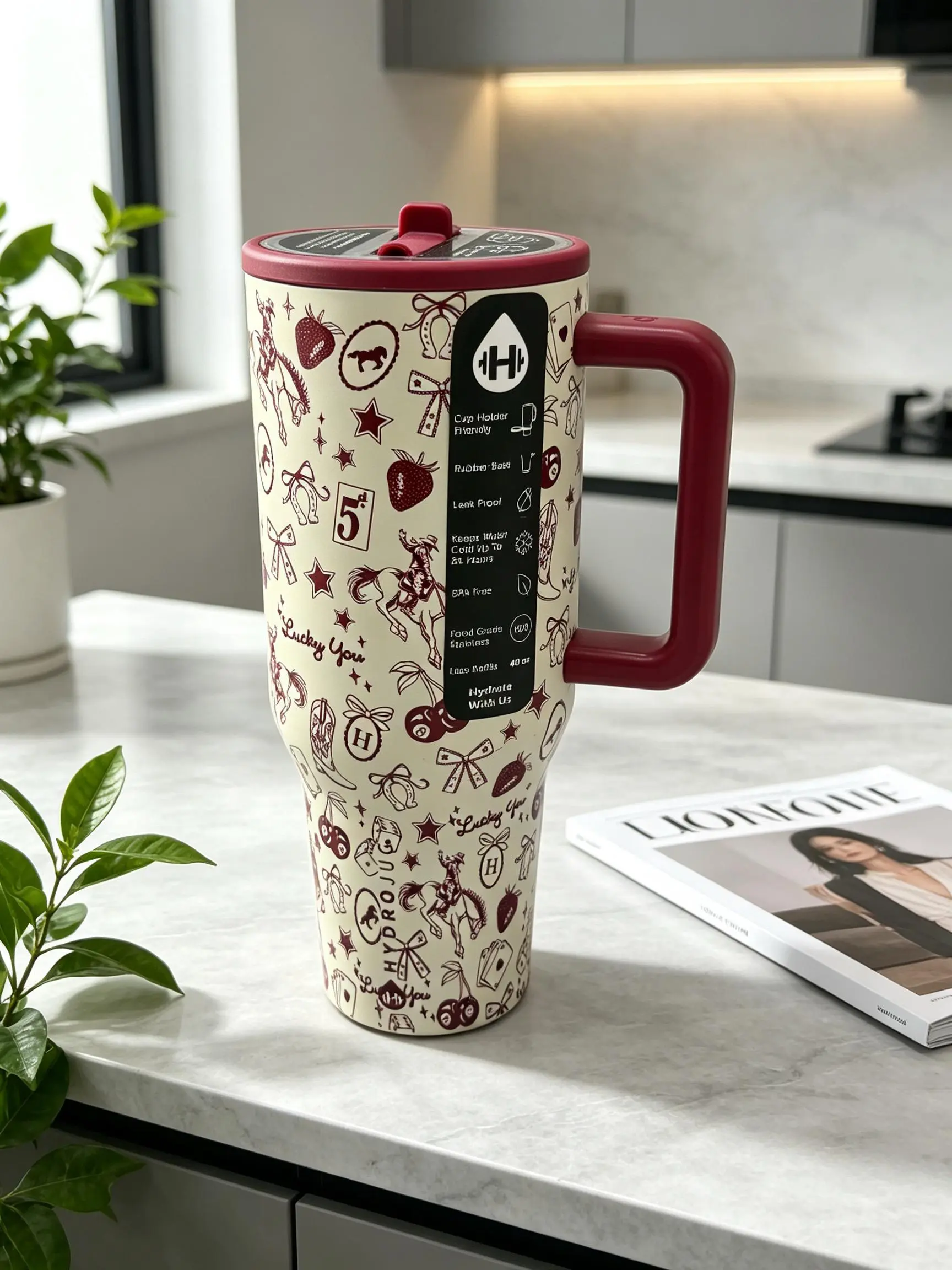 HydroJug 40 oz Modern Insulated Stainless Steel Travel Tumbler - Burgundy Cowboy Girl Horse Hoof Print, Leak-Proof, Reusable, Portable, Washable Insulated Cup for Country Music Festivals, Hiking