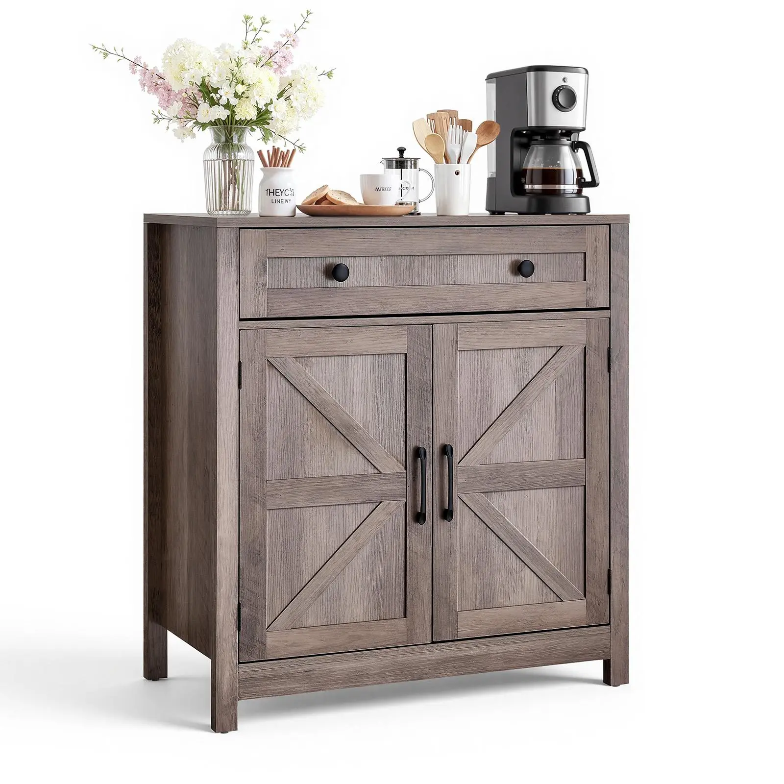 【SummerFinds】VEVOR Coffee Bar Cabinet, Farmhouse Coffee Bar Table with Drawer, Buffet Stand Cabinet with 2 Barn Doors, Sideboard Buffet Station for Living Room, Entryway, Kitchen, 29.5 x 14.7 x 31.5 in, Grey