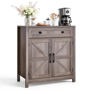 VEVOR Coffee Bar Cabinet, Farmhouse Coffee Bar Table with Drawer, Buffet Stand Cabinet with 2 Barn Doors, Sideboard Buffet Station for Living Room, Entryway, Kitchen, 29.5 x 14.7 x 31.5 in, Grey