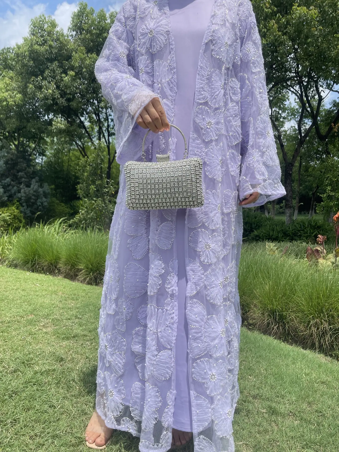 Women's Elegant Islamic Clothing Mesh Floral Beaded Floral Embellished abaya & Dress Set for Spring & Fall, Msl881 Collection, Flower Beaded Abaya