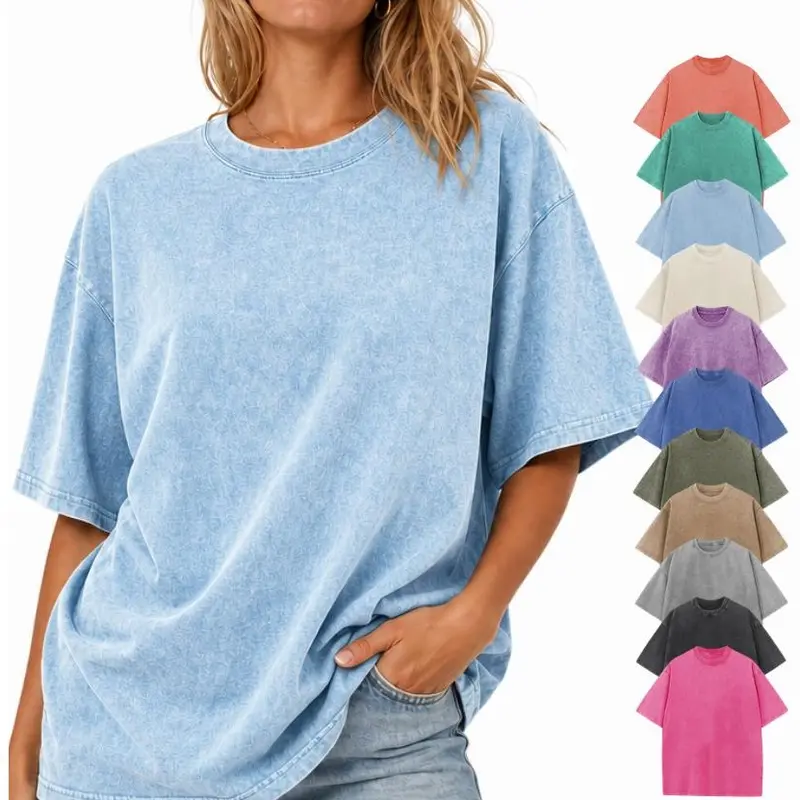 Holafish Women's Vintage Oversized Acid Wash T-Shirt Soft Pure Cotton Fabric Basic Style Round Neck Pullover with Short Sleeves, Casual Baggy Fits, Solid, Tshirt, Tee