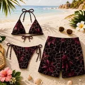 Leopard Floral Cherry Matching Couple Swimwear Set 2026 – Bikini & Men’s Swim Shorts, Trendy Summer Pool Party Gift