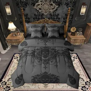 Feelyou 7-Piece Gothic Bedding Set - Goth Sugar Skull Microfiber Comforter, Charcoal Grey Black Damask Bohemian Vintage Floral Decorative Sheet Set (Bed in a Bag), Decorative Bedding Set, Microfiber Bedding Set