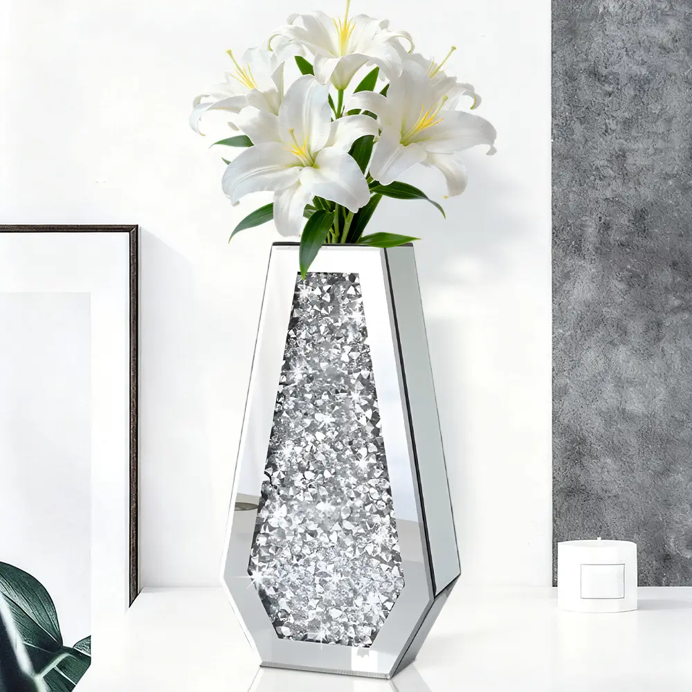 Crushed Diamond Mirrored Flower Vase, 14In Large Glass Vase, Modern Silver Mirror Vases, Crystal Decorative Mirror Vases Stunning Luxury Tall Floor Vase for Centerpieces Flowers Home Decor - Can’t Hold Water