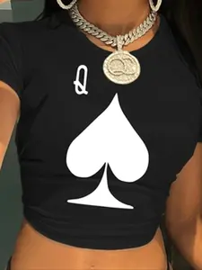 Women's Playing Card Print Round Neck Crop Tee, Casual Comfy Tee, Fashion Casual Streetwear Short Sleeve T-Shirt for Daily Wear, Casual Fashionable Top, Ladies Summer Clothes