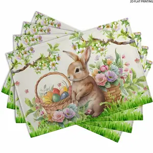 2D flat printing, 2-piece/4-piece/6-piece/8-piece set Easter bunny placemat, spring Easter egg flower pattern 12x18 inch farmhouse style fabric table mat, suitable for kitchen, indoor and outdoor dining, and party decoration