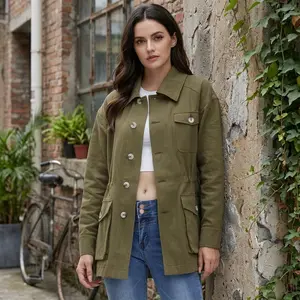 Women's Lightweight Military Jacket with Button Up Utility Drawstring Waist and Pockets - Casual Anorak Coat Perfect for Outdoor Activities Daily Wear Fashion Style Comfortable Breathable Water Resistant Design