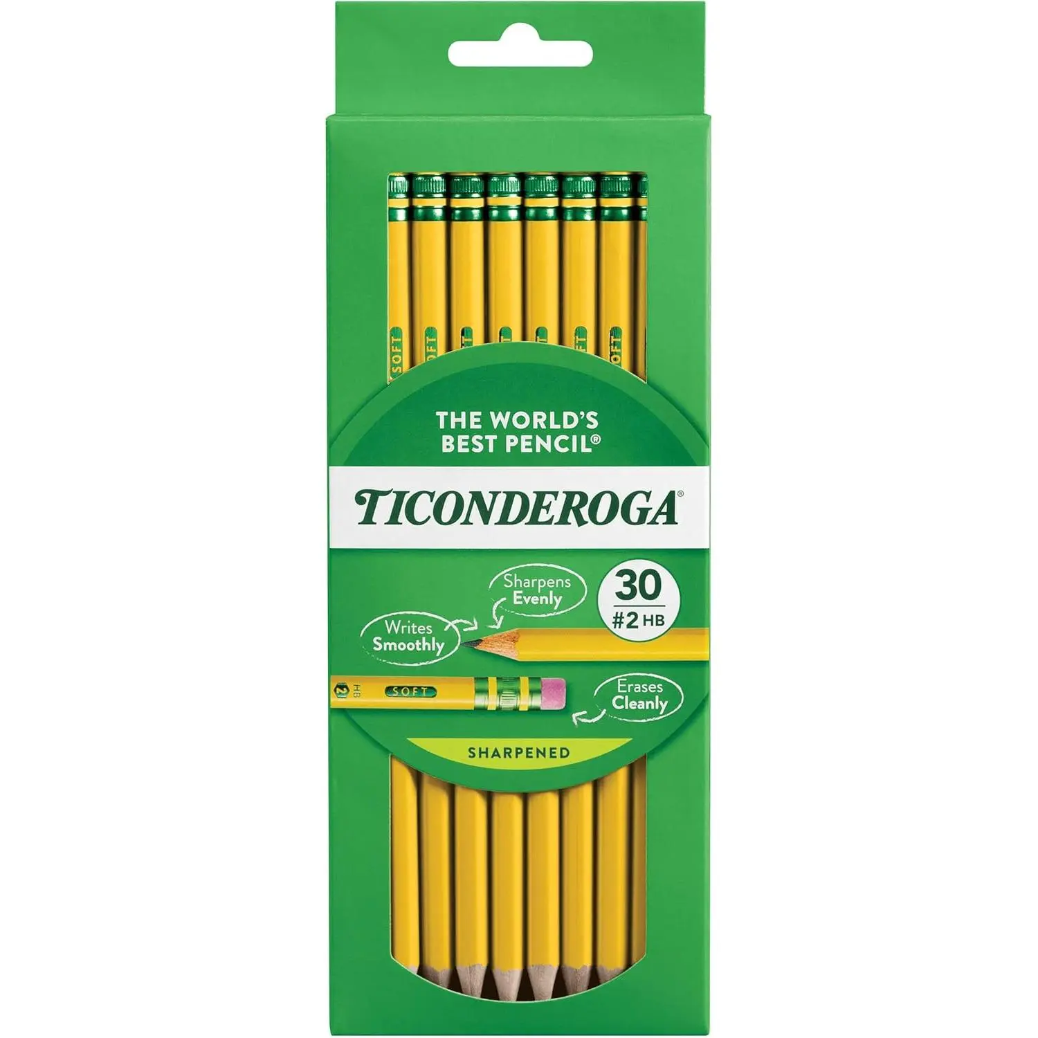Ticonderoga Wood-Cased Pencils, Pre-Sharpened | #2 HB Soft, Yellow, 30 Count, Standard Size, High Quality Eraser