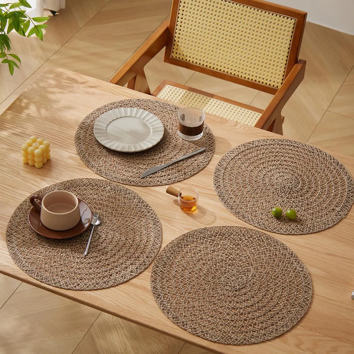 Round Boho Style Placemat, 6 Counts/set Handmade Jute Rope Braided Placemat, Table Decoration Supplies for Home Kitchen Dining Room, Coasters【Only Placemat】, Kitchen Decorative Placemat, Boho Placemats Set