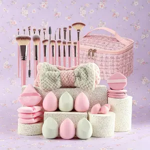 Pink Tweed All‑in‑One Makeup Tool Kit, Makeup Brushes + Beauty Sponges + Powder Puffs + Headband + Storage Bag Set, Soft Non‑Absorbent Beginner Makeup Kit for Daily & Travel Use