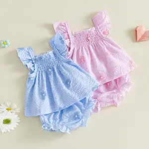 Toddler Baby Little Girl Summer Outfits Flower Embroidered Striped Ruffled Trim Smocked A Line Tops and Shorts Set 3-24 Months