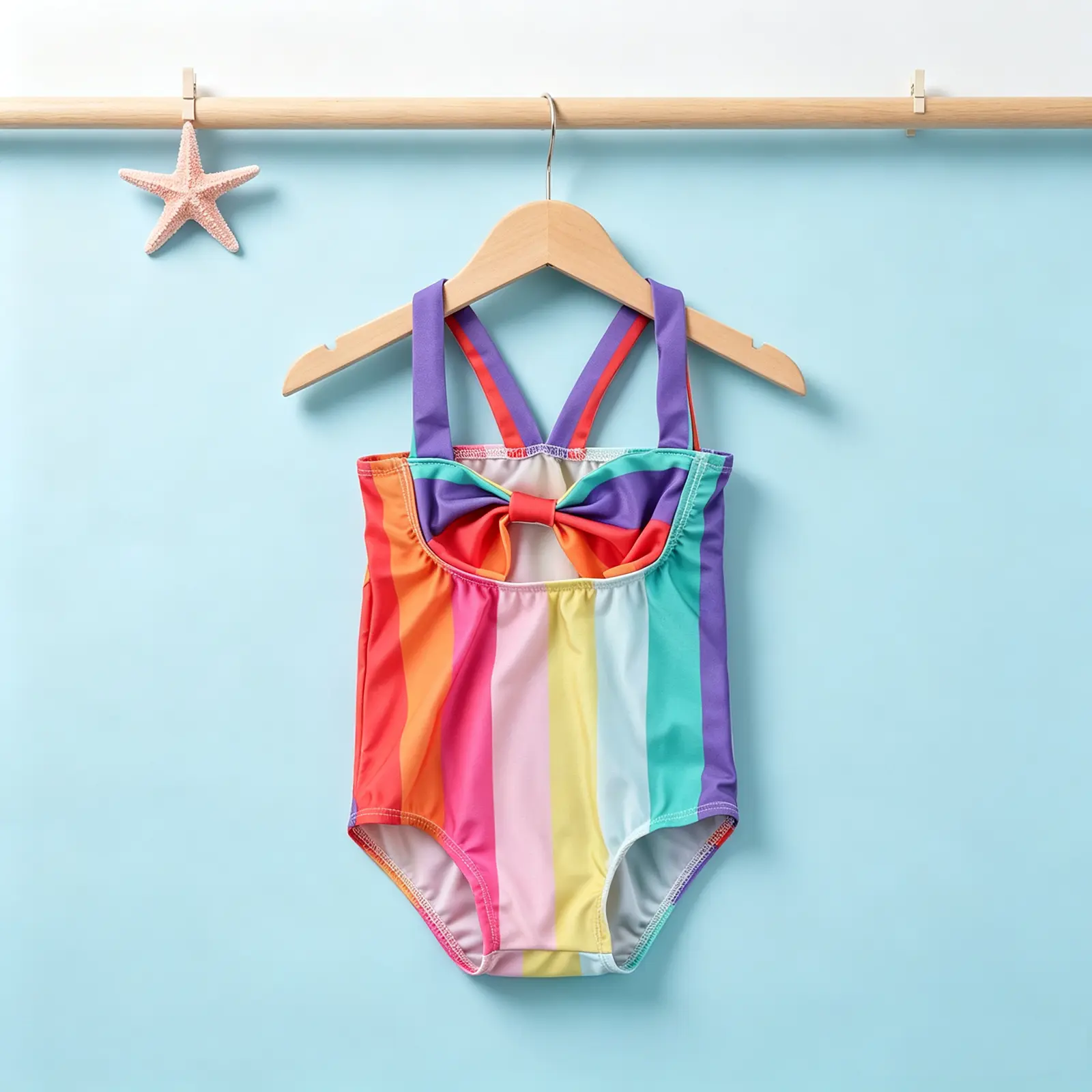 Baby Girl Polyester Sleeveless Rainbow Stripe Bowknot 1-Piece Cute Printed Swimsuit, 1x Swimwear for 1-2 Years, 32-34 cm Size