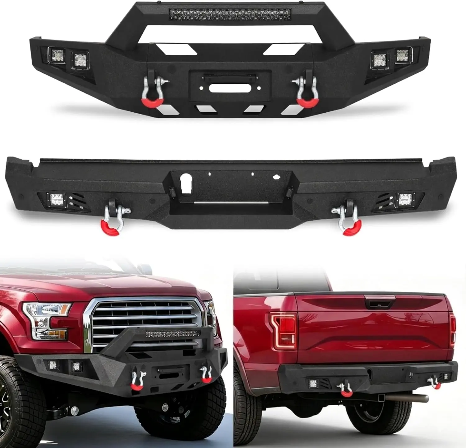 MONOKING Front and Rear Bumper Set for 2015-2017 F150 Excluding Raptor and EcoBoost, Winch Plate, 144W LED Light Bar and D-Rings