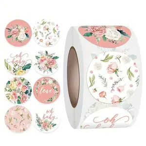 500 Sheets/roll Peony Flower Stickers, Thank You Floral Label Graffiti Stickers, Gift Packaging Box Sealing Decorative Stickers