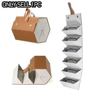 Portable Foldable Sunglasses Case, 6 Compartments Leather Sun Glasses Organizer, Travel Sunglasses Box, Women's Jewelry Storage Case