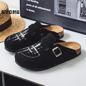 KVONE-Unisex summer Slippers Shoes,Men's Suede Leather Clogs with Adjustable Strap,arch support flat buckle Mules, Minimalist Slip-On Mules, Round Toe Cork Footbed, Star sequin pattern design for Streetwear & Daily Wear