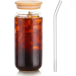 1 Pack Glass Cup, 16oz Drinking Glass with Bamboo Lid and Straw, Beer Glass Tumbler for Mojito Soda Smoothies Whiskey Iced Coffee Cocktail Tea Juice