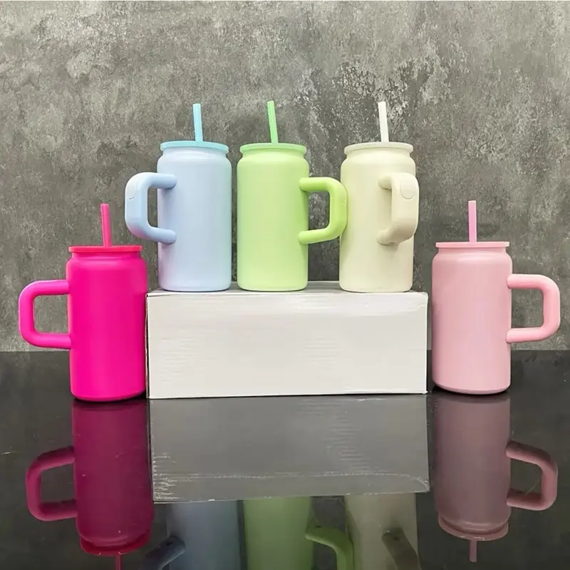 Customizable 16 oz Insulated Stainless Steel Beverage Tumbler with Handle, Matching Acrylic Lid, and Portable Color-Coordinated Drink Straw