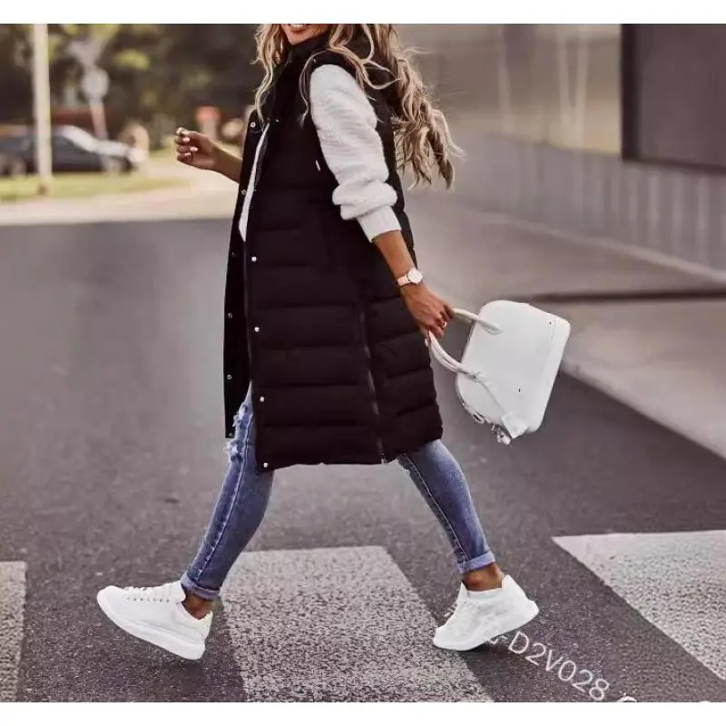Women's Solid Puffer Vest, Chic Longline Sleeveless Outerwear with Hood, Comfy for Winter Casual Wear, Tops, Vibe