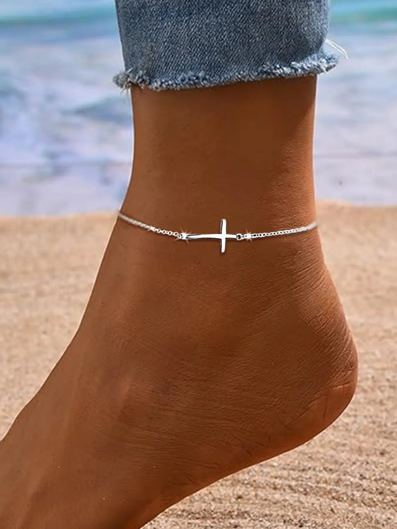 Women's 925 Silver Color Simple Cross Design Ankle Bracelets Anklets Jewelry Foot Jewelry Anklet, Fashionable Gift for Women & Girls, Perfect Birthday Present
