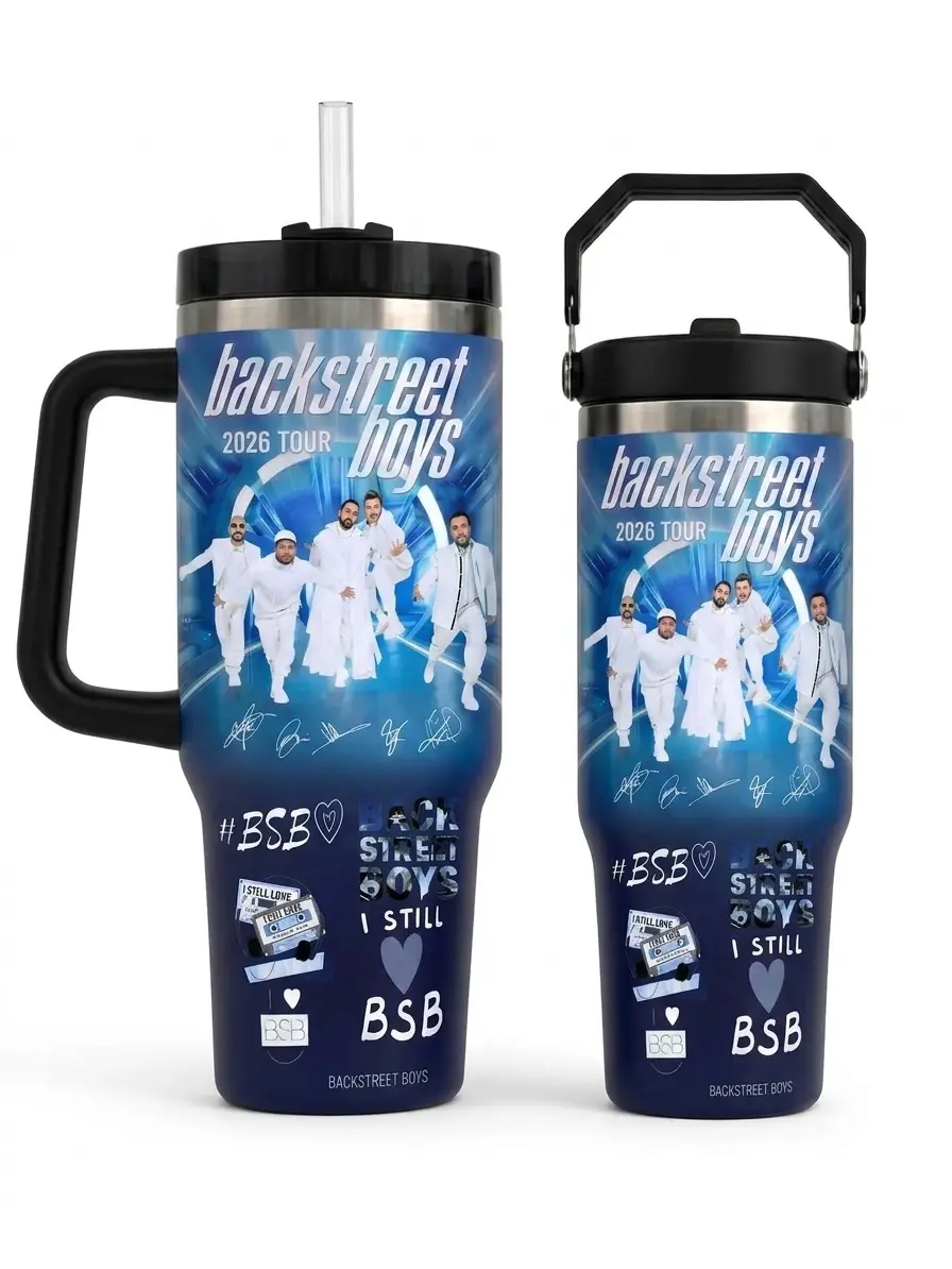 Backstreet Boys Insulated Stainless Steel Tumbler - 30oz/40oz with Handle & Lid, Portable Into The Millennium Las Vegas 26 Music Fan Travel Mug, Blue White Concert Gift (Straw Not Included), Insulation, Printed