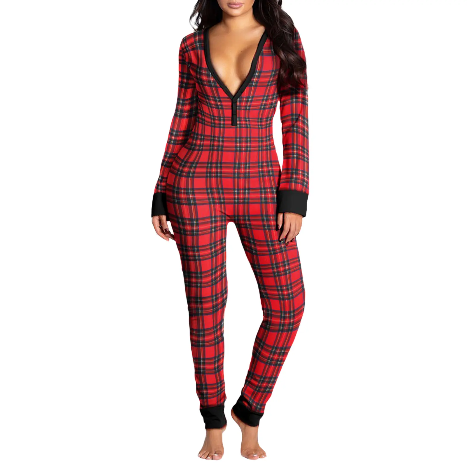 Women Sexy Butt Button Back Flap Jumpsuit V Neck Long Sleeve Romper Bodycon Pajamas, One Piece, Versatile, Comfort, Wear, Style, Outfit, Essential, Trendy, Chic, Elegant, Classy, Modern, Stylish, Daily