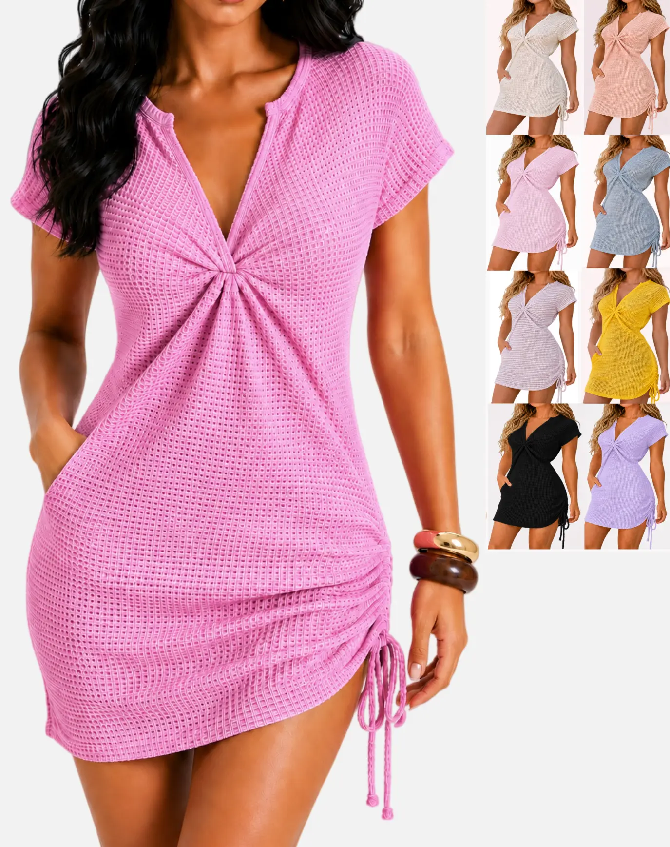 Sheer Crochet Knit V-Neck Drawstring Dress Cover Up Summerwins Mini Dress Summer Beach Vacation Outfit Womenswear Summer Shortsleeve Vneck Casual Batwing