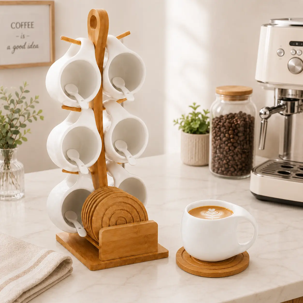 6-Piece Ceramic Mug & Round Coaster Set with Bamboo Frame Storage Stand (37x15x12cm), Modern Minimal Home Kitchen Drinkware, Breakfast Table Morning Coffee Set Package