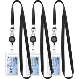Three-piece expandable lanyard, suitable for ID badges, cruise cards, etc., thickened transparent plastic ID badge holder with lanyard and buckle - Black: Office supplies