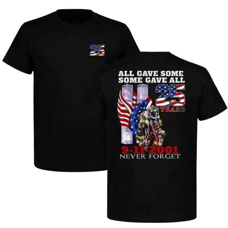 25th Anniversary 9/11 Memorial Shirt, Never Forget Firefighter Tribute Tee, Patriot Day Remembrance T-Shirt Autumn T-shirts, Halloween casual short-sleeve graphic tees