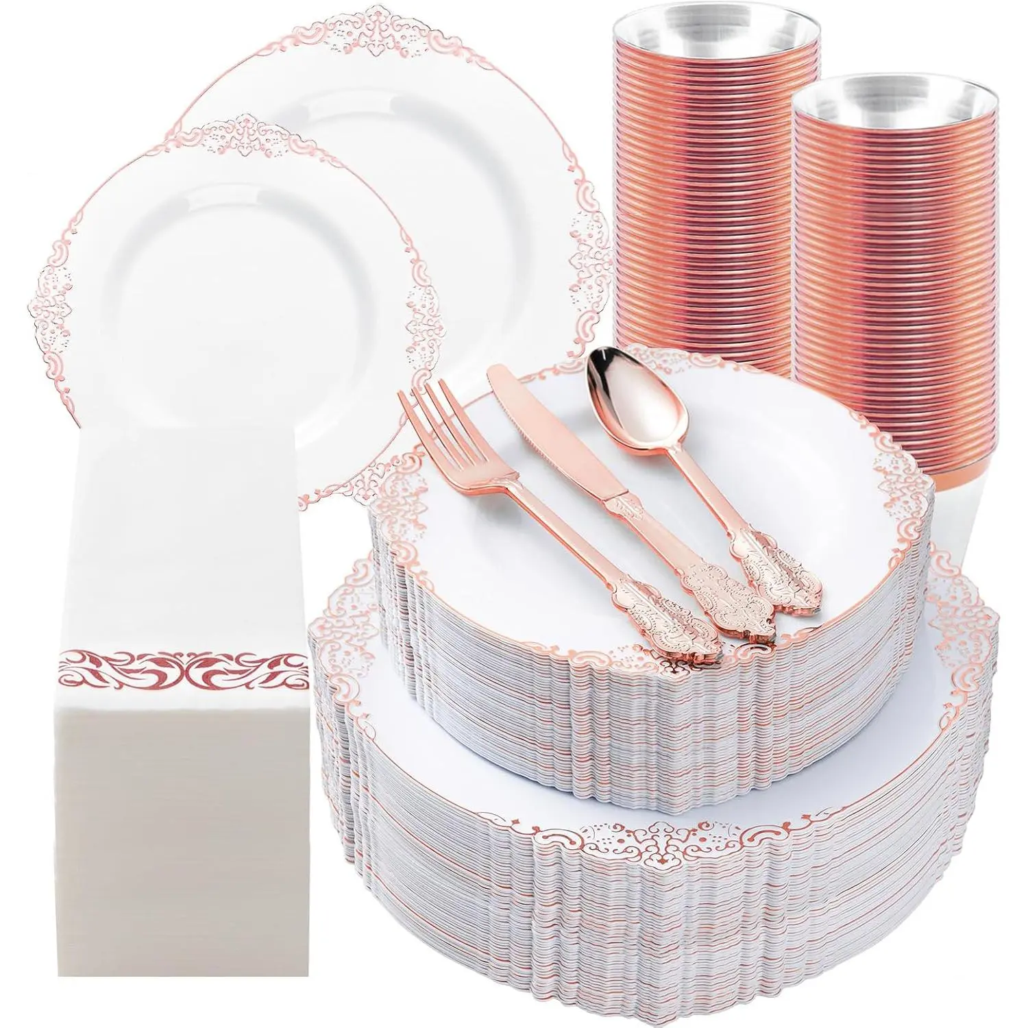 Rose Gold Plastic Plates Set for 50 Guests 100 Disposable Plates 150 Silverware 50 Cups 50 Napkins Elegant Vintage Trim Perfect for Christmas Party Wedding Birthdays & Anniversary, Gift, Business