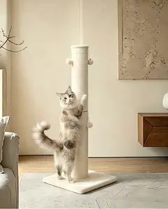 Tall Cat Scratching Post for Large Cats, Thick Sisal Rope Cat Scratcher Tower with 4 Dangling Plush Balls, Heavy Duty Cream Cat Scratch Post for Indoor Cats