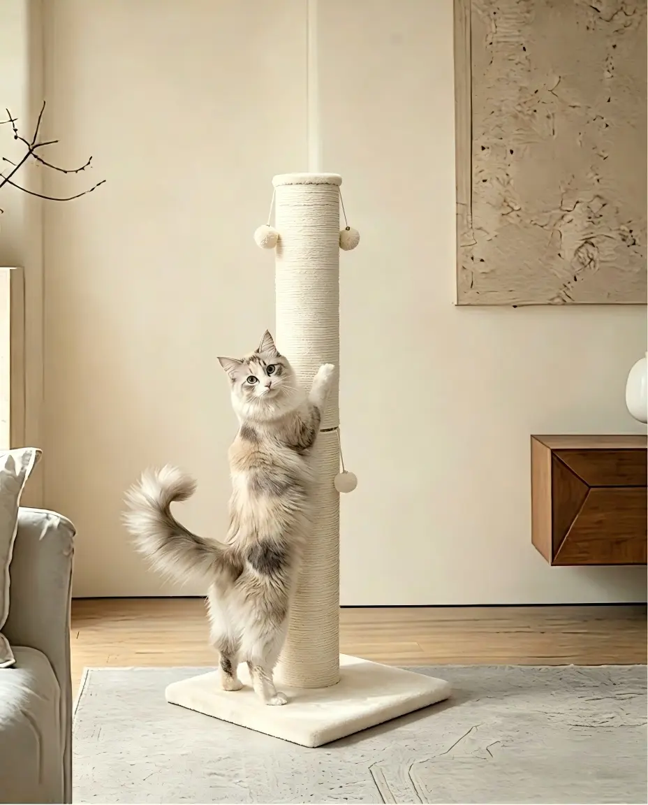 Tall Cat Scratching Post for Large Cats, Thick Sisal Rope Cat Scratcher Tower with 4 Dangling Plush Balls, Heavy Duty Cream Cat Scratch Post for Indoor Cats