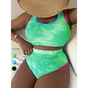 Plus-size women’s tankini set with tie-dye print and contrast piping, featuring a fashionable U-neck swim top and high-waisted swim bottoms; 2024 summer women’s set, GARMENTARY