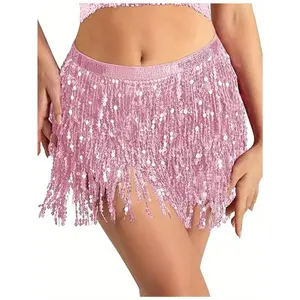 2026 New Women's Sequin & Tassel Skirt / Belly Dance Hip Scarf — Sparkling Metallic Fringe Mini-Skirt — Ideal for Dance Parties, Festive Celebrations, and Halloween