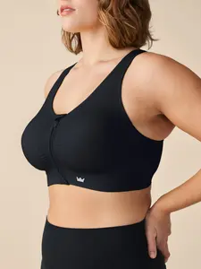 SHEFIT Lounge Bra - Black - Body Mapping Seamless Fabric, Removable Cups, Wire-Free Natural Shape, Zipper Garage for Modesty All Sizes A-I