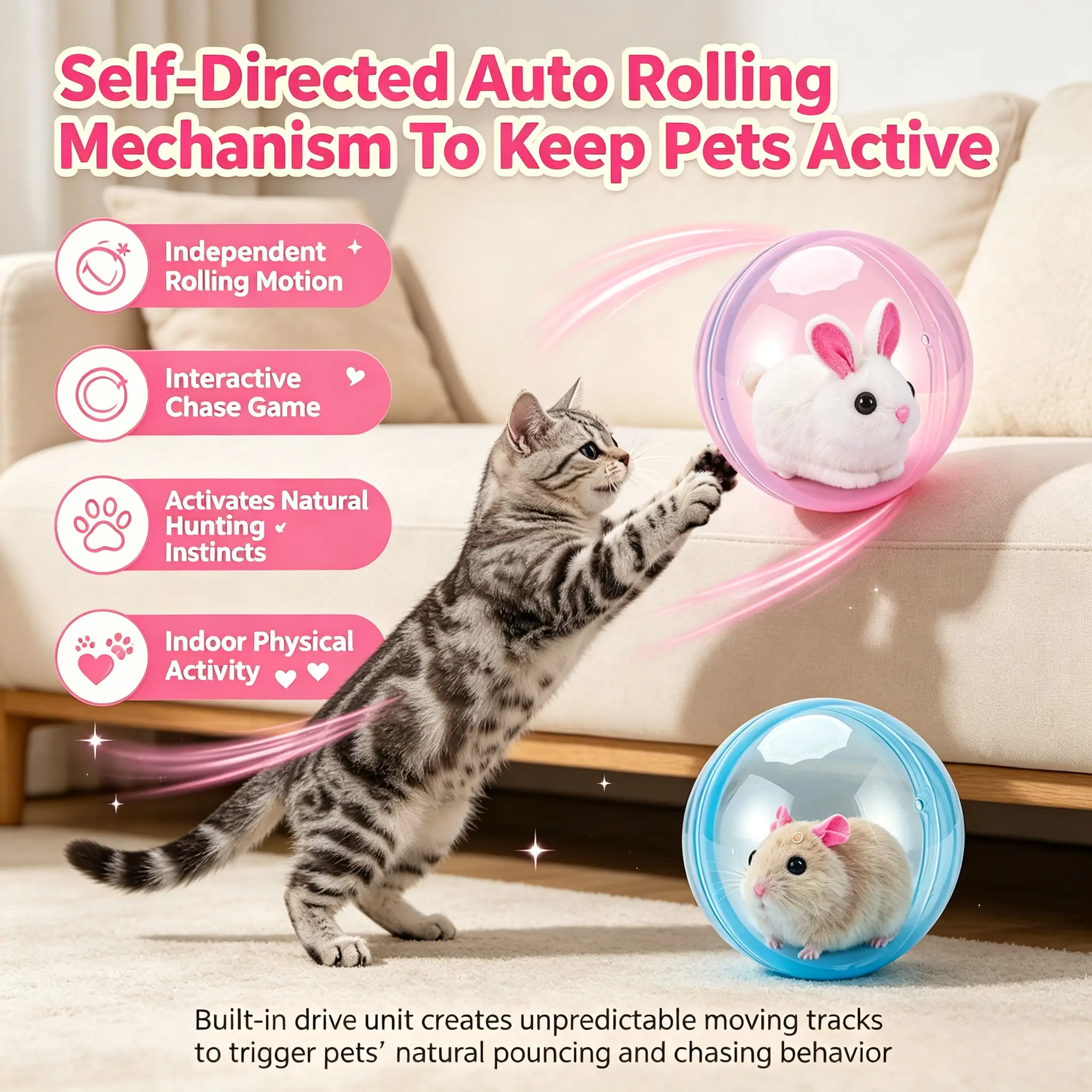 Interactive Indoor Hunting Cat Toy Electric 360° Rotating Automatic Rolling Ball, Heavy-Duty Durable Shell Energy-Efficient Quiet Motor, Long Standby Battery Design, Dual Blue Pink Shades Ideal Birthday Present for Kittens and Cats