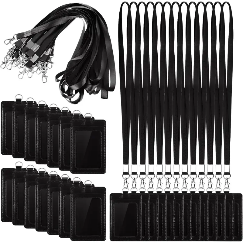 25 Sets Leather Badge Holders with Lanyards Bulk Graduation Vertical ID Card Holder with Lanyard Detachable Neck Lanyard(Black)