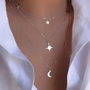Elegant Multi-Layer Star & Moon Pendant Necklace for Women - Zinc Alloy, Perfect for Daily Wear or Parties