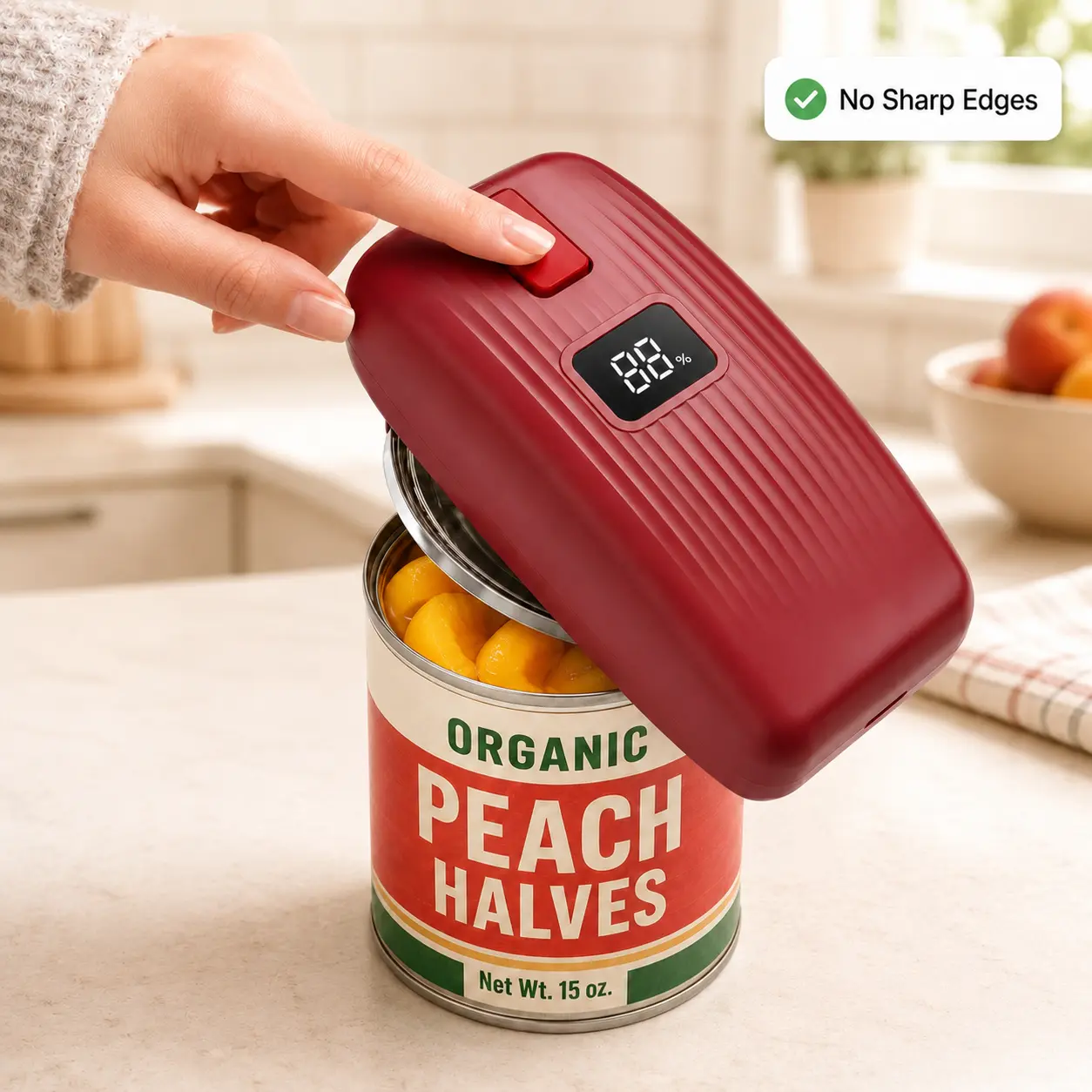 Red Electronic Can Opener - Rechargeable 2600mAh 4.2V Battery-Powered, Type-C Charge, 1-Touch Automatic, LED Display, Smooth Safe Edge, Compact Portable 14x6.5x5.8cm Oval Kitchen Utensil, for Seniors, 1 Tool for All Kitchen Needs