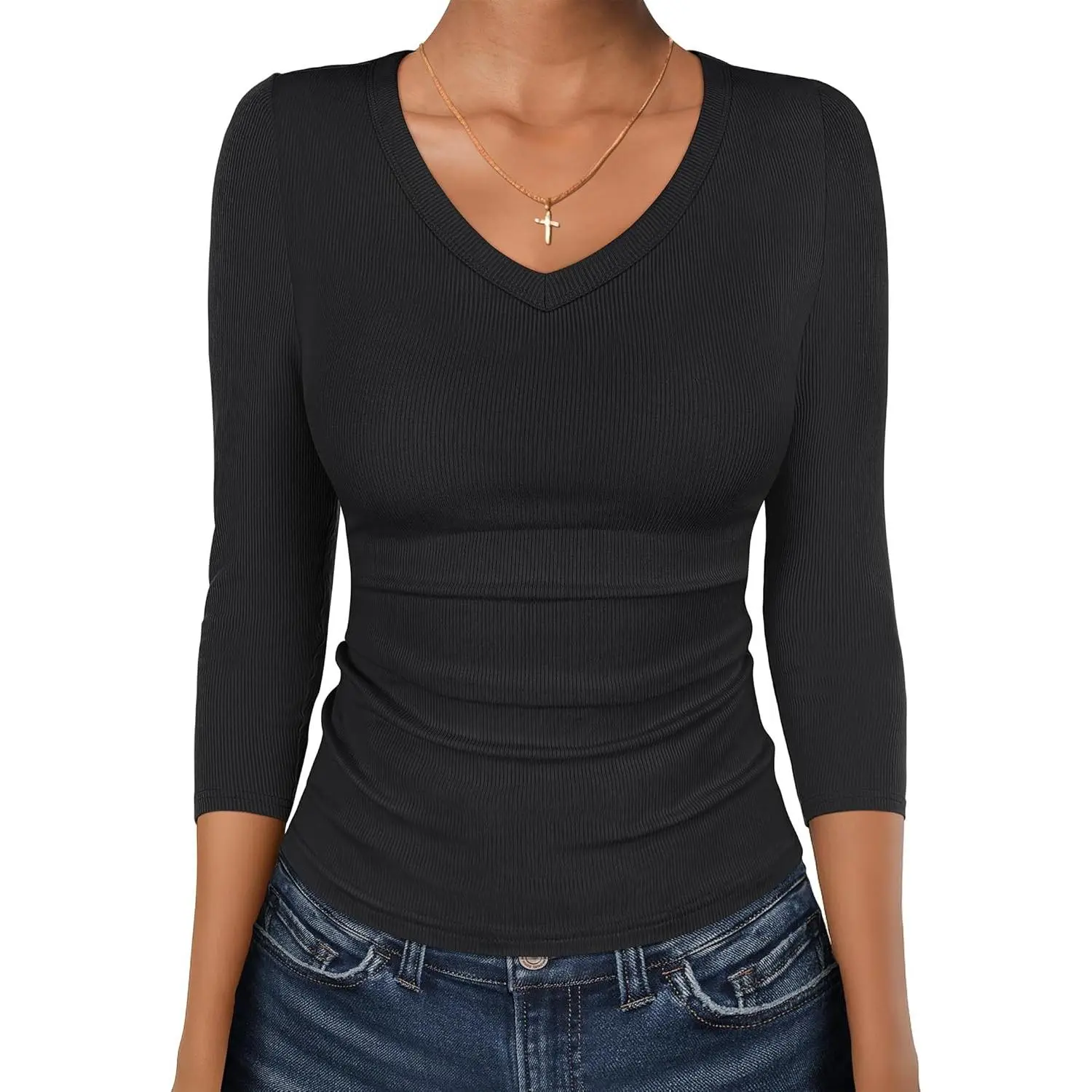 ANRABESS 3/4 Sleeve Shirts for Women V Neck Ribbed Knit Slim Fitted Tops Basic Tee 2026 Summer Casual Trendy Outfit