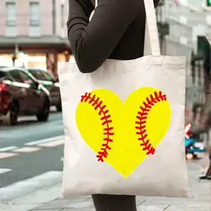 [Softball Tote Bag] Reusable Softball Design Canvas Tote Bag |   Yellow Heart - Perfect Gift for Softball Lovers and Players - Durable Handles