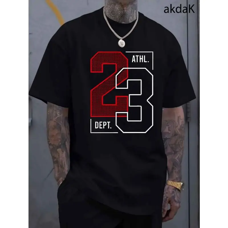 Men'S Casual "23" Pattern T-Shirt - White Short Sleeves, Crew Neck, Summer Fashion T-Shirt, Red and Black Print, Suitable for Casual Wear plus size