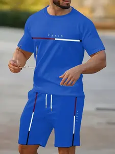Men's Sportswear Set, Short Sleeve Tee with Shorts, Blue Fashion Casual Fitness Two-Piece, Breathable Quick-Dry Comfortable Men's Clothing