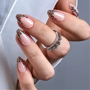 Curvlife medium almond french Gel Press On Nails leopard nude glossy shiny Nail Art 2 Week Wear